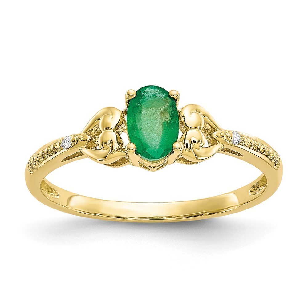 Million Charms 10k Yellow Gold Green Emerald and Diamond Ring, Size 7